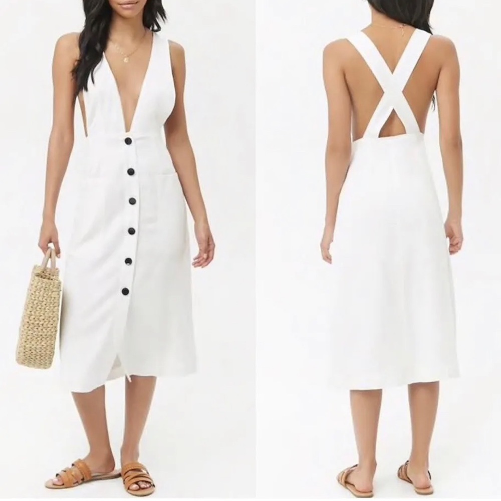 Forever 21 Contemporary Button Front White Midi Apron Style Dress Small